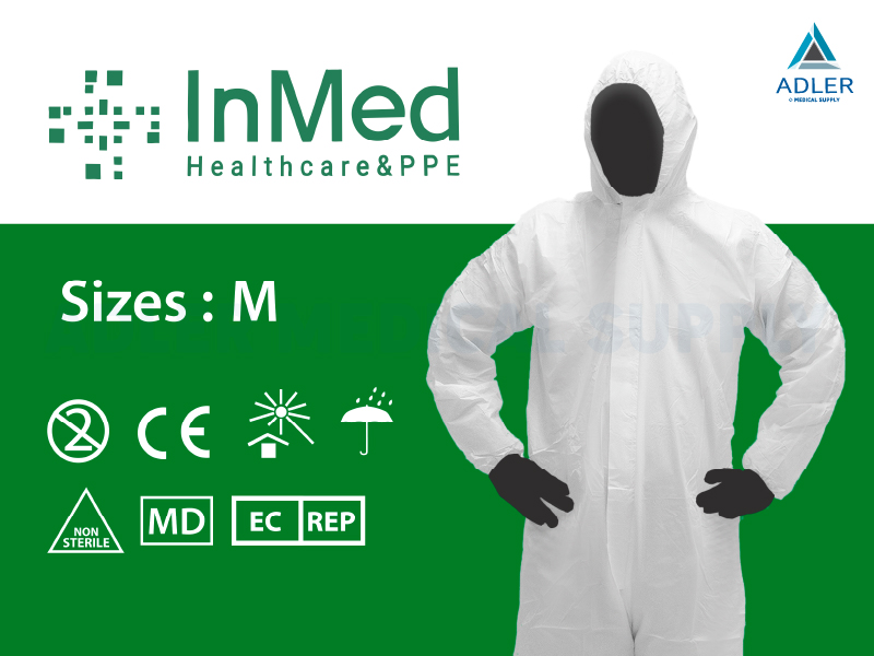ชุด PPE InMed สีขาวล้วน หนา 65 แกรม ชุดป้องกันเชื้อไวรัส เชื้อโรค ป้องกันฝุ่น กันน้ำ ระบายอากาศได้ดี