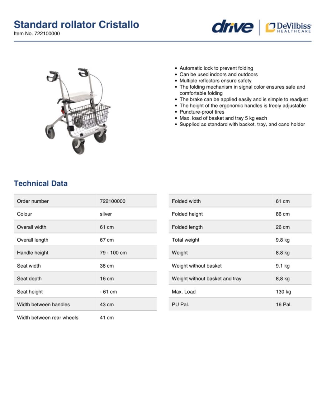 วอล์คเกอร์ 4 ล้อ (USA) อุปกรณ์ช่วยพยุงเดิน อุปกรณ์ฝึกเดิน Rollator Cristallo ยี่ห้อ Devilbiss